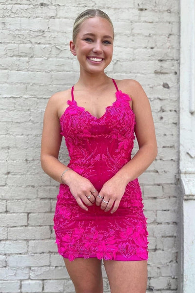 Hot Pink V Neck Bodycon Homecoming Dresses LD3062908