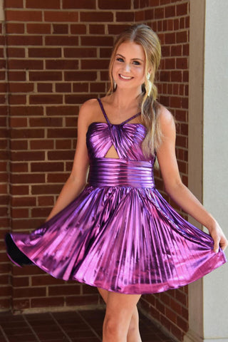 Fashion A Line Straps Purple Sparkly Satin Short Homecoming Dresses MD240901903