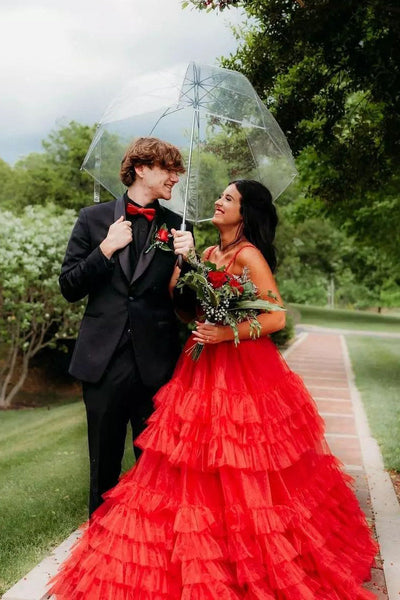 Ball Gown Sweetheart Red Ruffle Tiered Tulle Prom Dress with Beading DM4070605