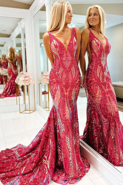 Stunning Mermaid Sleeveless V-Neck Sequins Appliques Long Prom Dress DM25102804