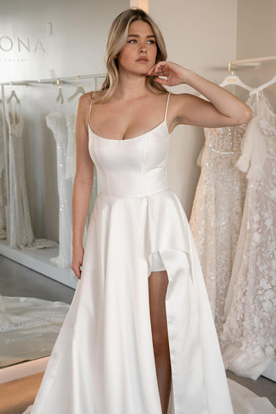 A-Line Scoop Neck White Sati Wedding Dresses with Slit MD4022204
