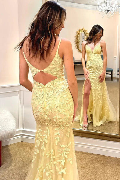 Spaghetti Straps Yellow Long Prom Dress with Appliques DM3082820