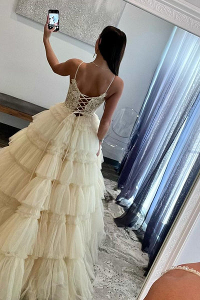 Champagne V Neck Tiered Tulle Long Prom Dress with Appliques MD4012803