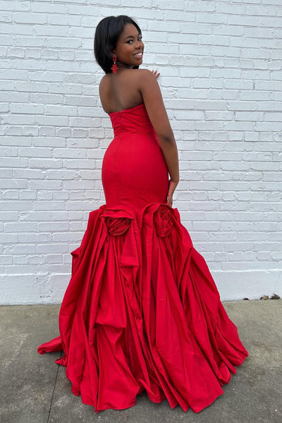 Mermaid Strapless Red Satin Long Prom Dress with Slit DM26011511