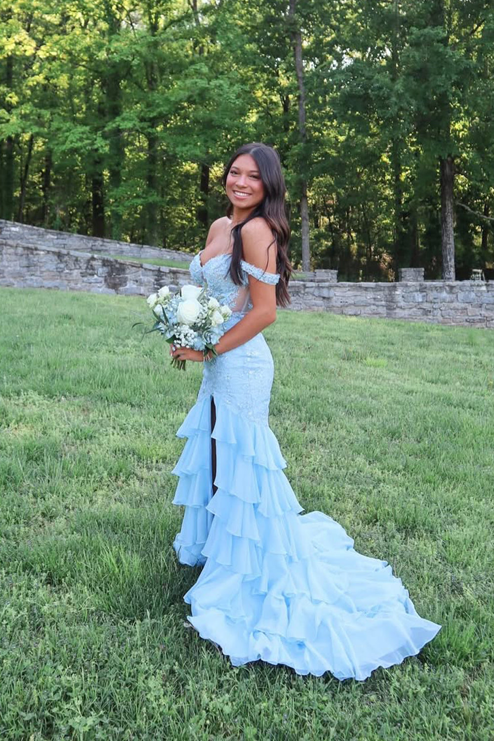 Charming Mermaid Off the Shoulder Light Blue Tiered Chiffon Prom Dresses DM050601