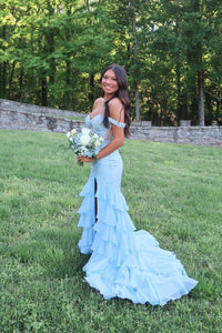 Charming Mermaid Off the Shoulder Light Blue Tiered Chiffon Prom Dresses DM050601