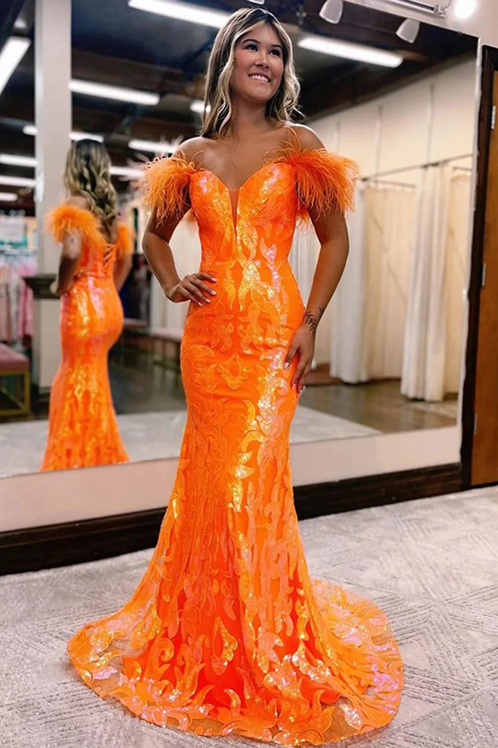 open lace back dress Sleeveless Orange Glitter Rinestones Mermaid Prom Dress Crew Neck Long Party Dress with Side Split main image 0