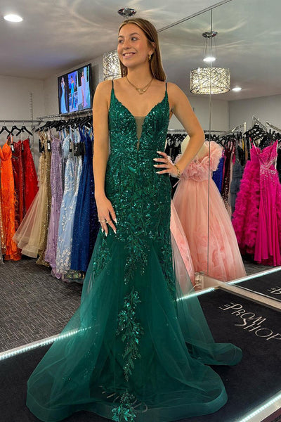 Mermaid V Neck Green Sequins Lace Long Prom Dress MD4030902