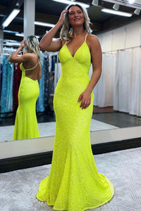 Sparkly Mermaid V Neck Yellow Sequins Long Prom Dresses DM070201