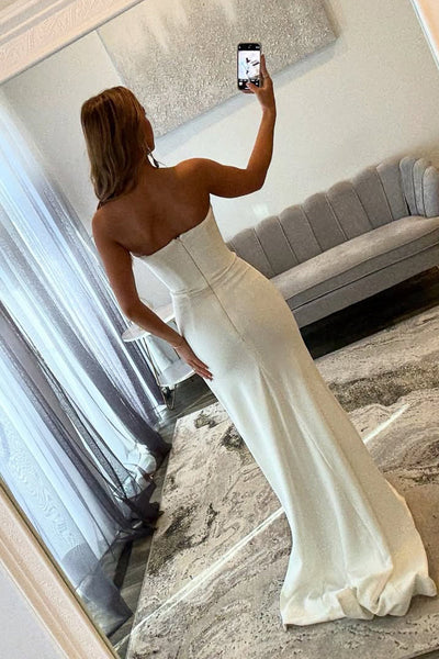 Elegant Mermaid V Neck White Satin Prom Dress with Side Slit DM1111803