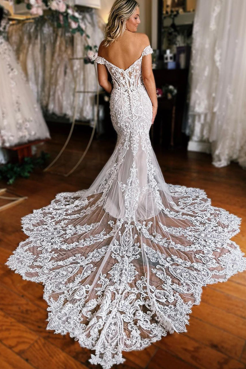 Elegant Mermaid Off the Shoulder Lace Long Wedding Dresses DM091303
