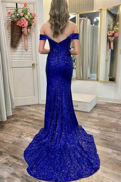 Sparkly Off the Shoulder Royal Blue Sequins Mermaid Long Prom Dress MD4021902