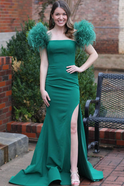 Dark Green Satin Feathered Shoulders Mermaid Long Prom Dress with Slit MD120604