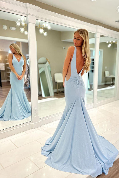 Mermaid V Neck Light Blue Sequins Long Prom Dress MD4020501