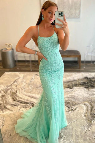 Appliques Lace Mint Green Backless Evening Dresses Mermaid Long Prom Dresses MD100402