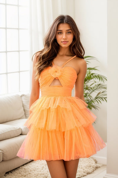 Cute A Line Halter Orange Tiered Tulle Short Homecoming Dresses DM24070802