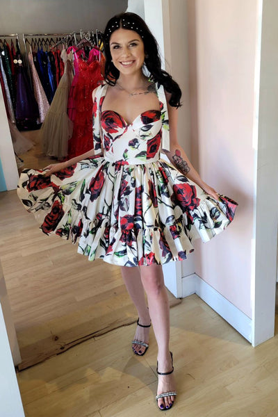 A-Line Sweetheart Floral Printed Short Homecoming Dress with Bow MD4050404