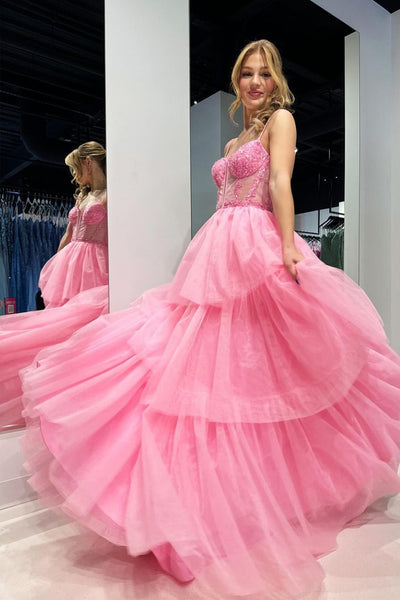 Pink Sweetheart Ruffle Tiered Tulle Prom Dress MD4050605