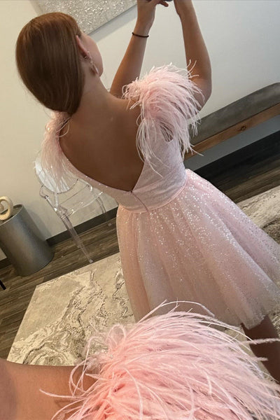 Pink A-line Tulle Deep V Neck Beaded Homecoming Dress with Feathers LD3062105