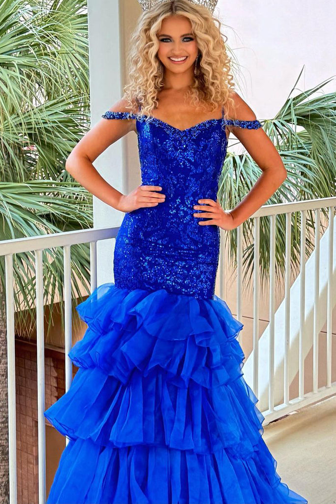 Mermaid Off the Shoulder Royal Blue Sequins Long Prom Dresses MD4010305 – Dressmeet