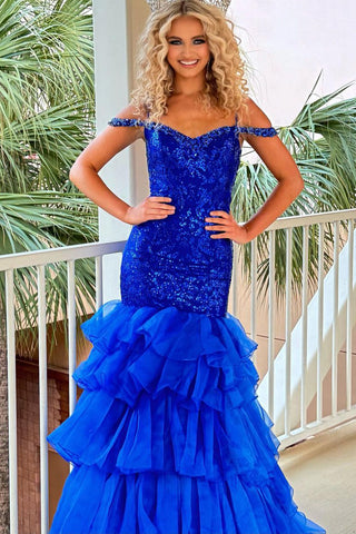 Mermaid Off the Shoulder Royal Blue Sequins Long Prom Dresses MD4010305