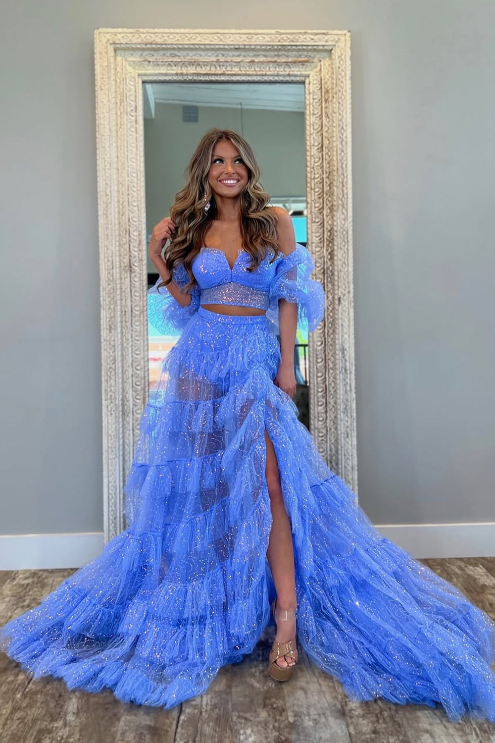 Sparkly A Line Two Piece Blue Sparkly Tiered Prom Dresses DM050212 Dressmeet Sparkly A Line Two Piece Blue Sparkly Tiered Prom Dresses DM050212 Dressmeet