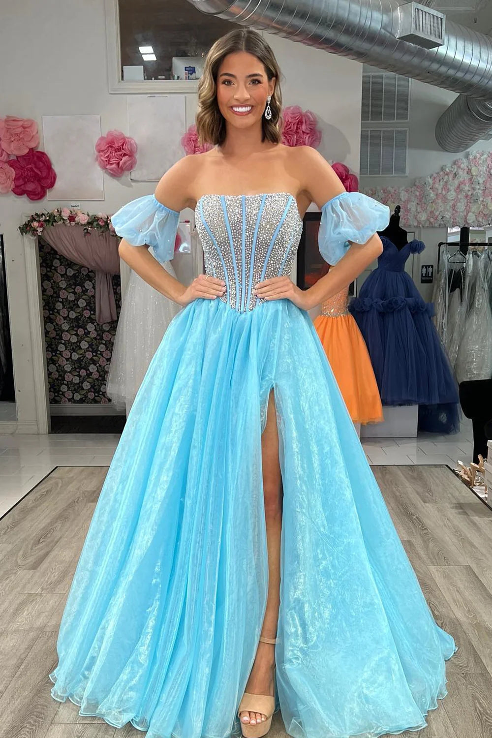 Sparkly Blue Beaded Detachable Short Sleeves A-Line Long Prom Dress with Slit DM3082702