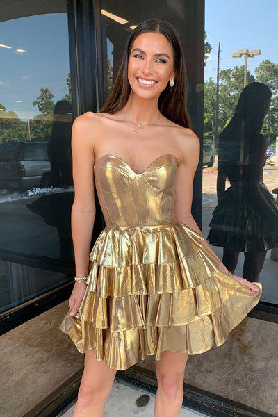 Metallic Gold Strapless Short Tiered A-Line Homecoming Dresses DM24080615