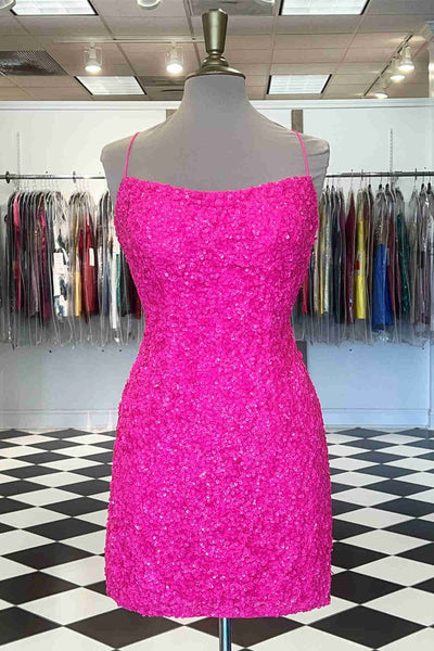 Scoop Neck Hot Pink Sequins SHort Homecoming Dress MD091609