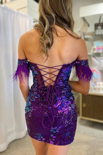 Cute Bodycon Sweetheart Purple Sequins Lace Homecoming Dresses with Feather DM24091606