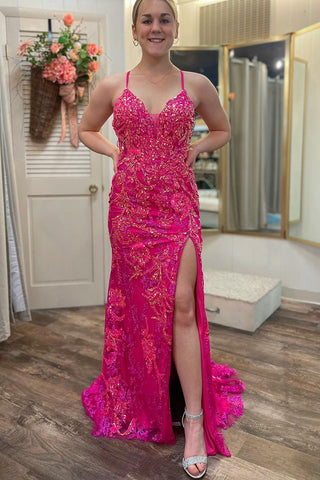 Fuchsia V Neck Sequins Lace Mermaid Long Prom Dress with Slit MD4021704