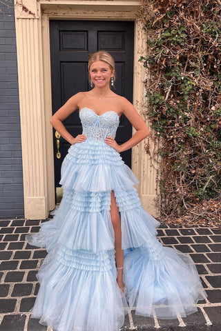 Light Blue Sweetheart Tiered Tulle Long Prom Dresses with Appliques MD4010601