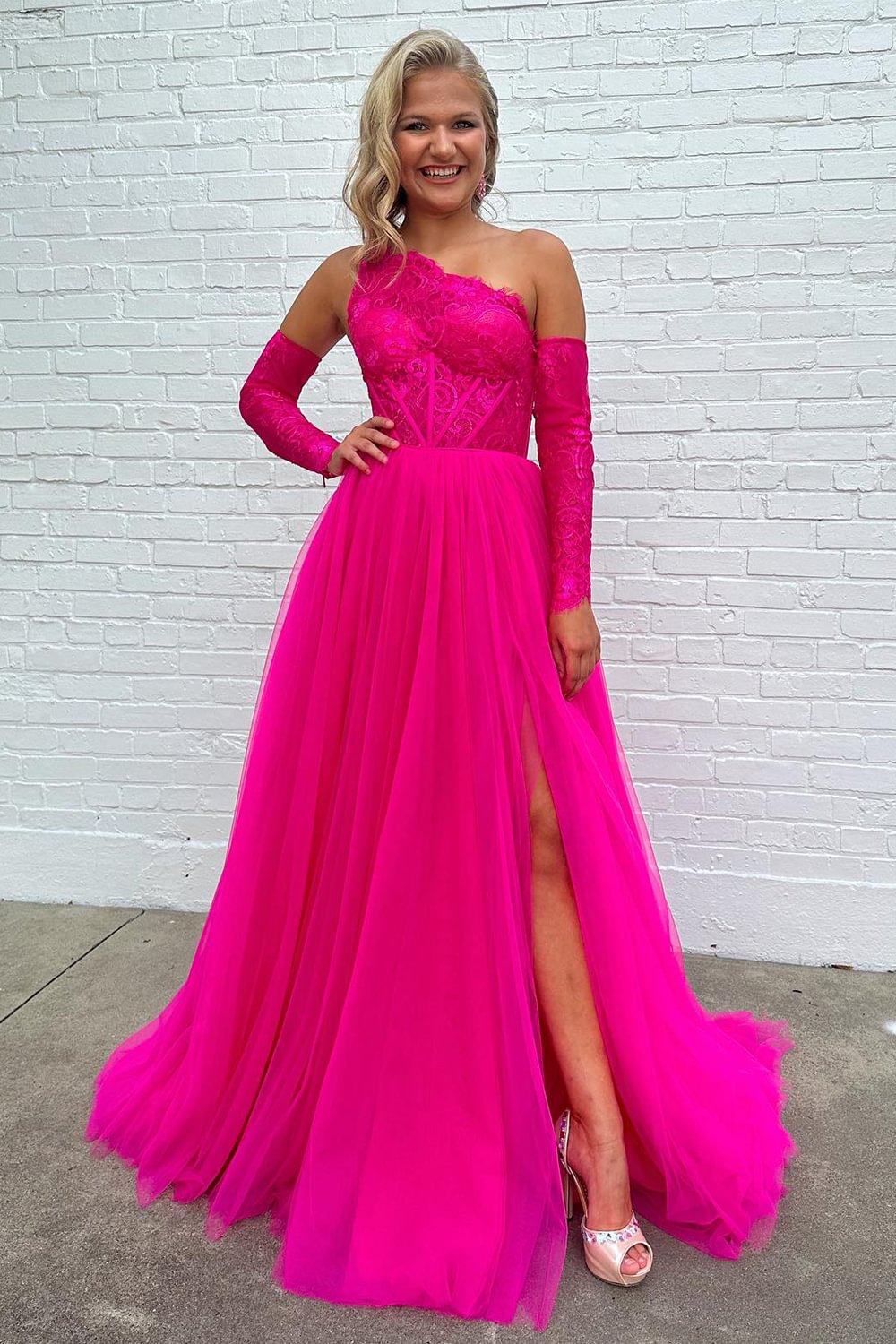 Hot Pink Detachable Long Sleeves A-Line Tulle Long Prom Dress with Lace MD4012305