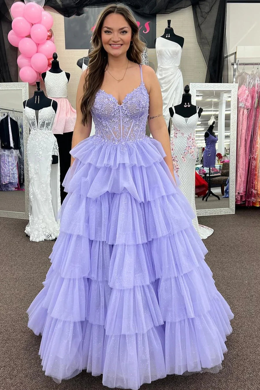 Cute A Line V Neck Red Tiered Tulle Long Prom Dresses with Appliques  DM24101905  Dressmeet