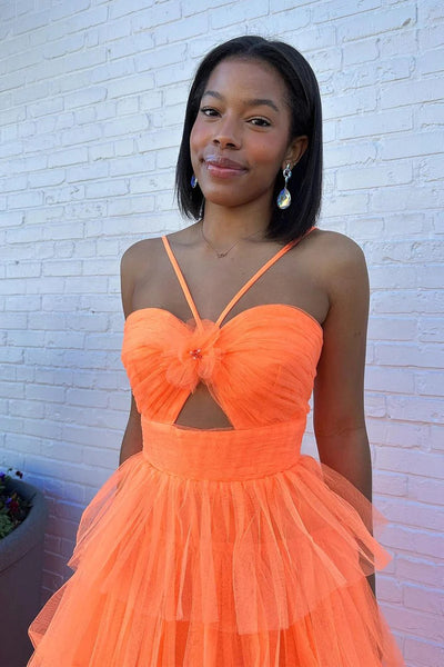 Orange Sweetheart Cutout Tiered Tulle Long Prom Dress MD4020201