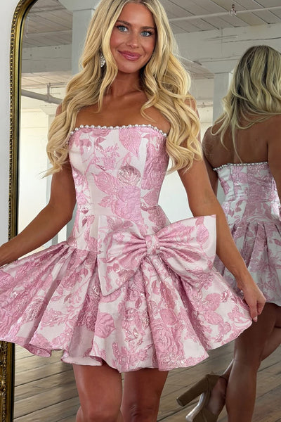 A Line Strapless Jacquard Satin Homecoming Dress with Bow DM12060108