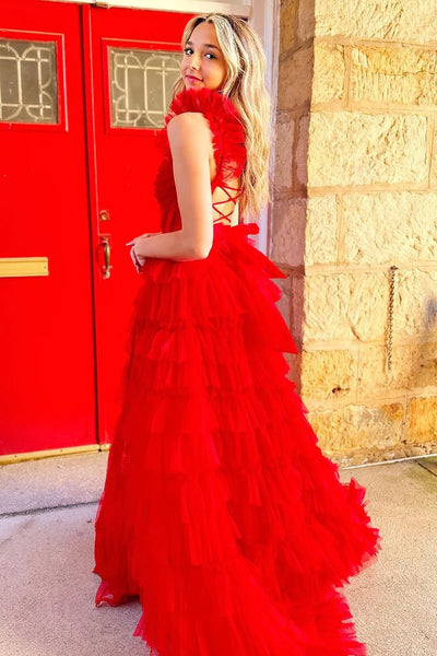 Red Tulle Appliques Ruffle A-Line Long Prom Dress with Slit MD122504