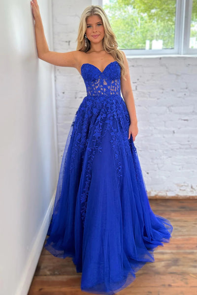 Blue Corset A-Line Tulle Long Prom Dress with Lace DM3082803