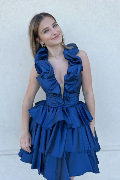 A-Line Halter Royal Blue Tiered Satin Short Homecoming Dresses with Ruffles DM24081001