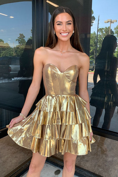 Metallic Gold Strapless Short Tiered A-Line Homecoming Dresses DM24080615