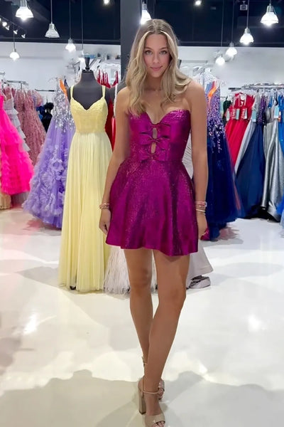 A-Line Strapless Purple Short Glitter Homecoming Dresses DM4072507