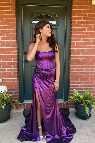 Cute Mermaid Scoop Neck Purple Satin Prom Dresses with Slit DM24102909