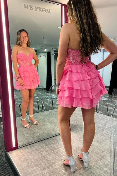 A-Line Strapless Pink Ruffle Chiffon Tiered Short Homecoming Dresses DM24071508