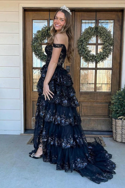 Princess Off the Shoulder Ruffle Tiered Black Sequin Lace Long Prom Dress MD4022404