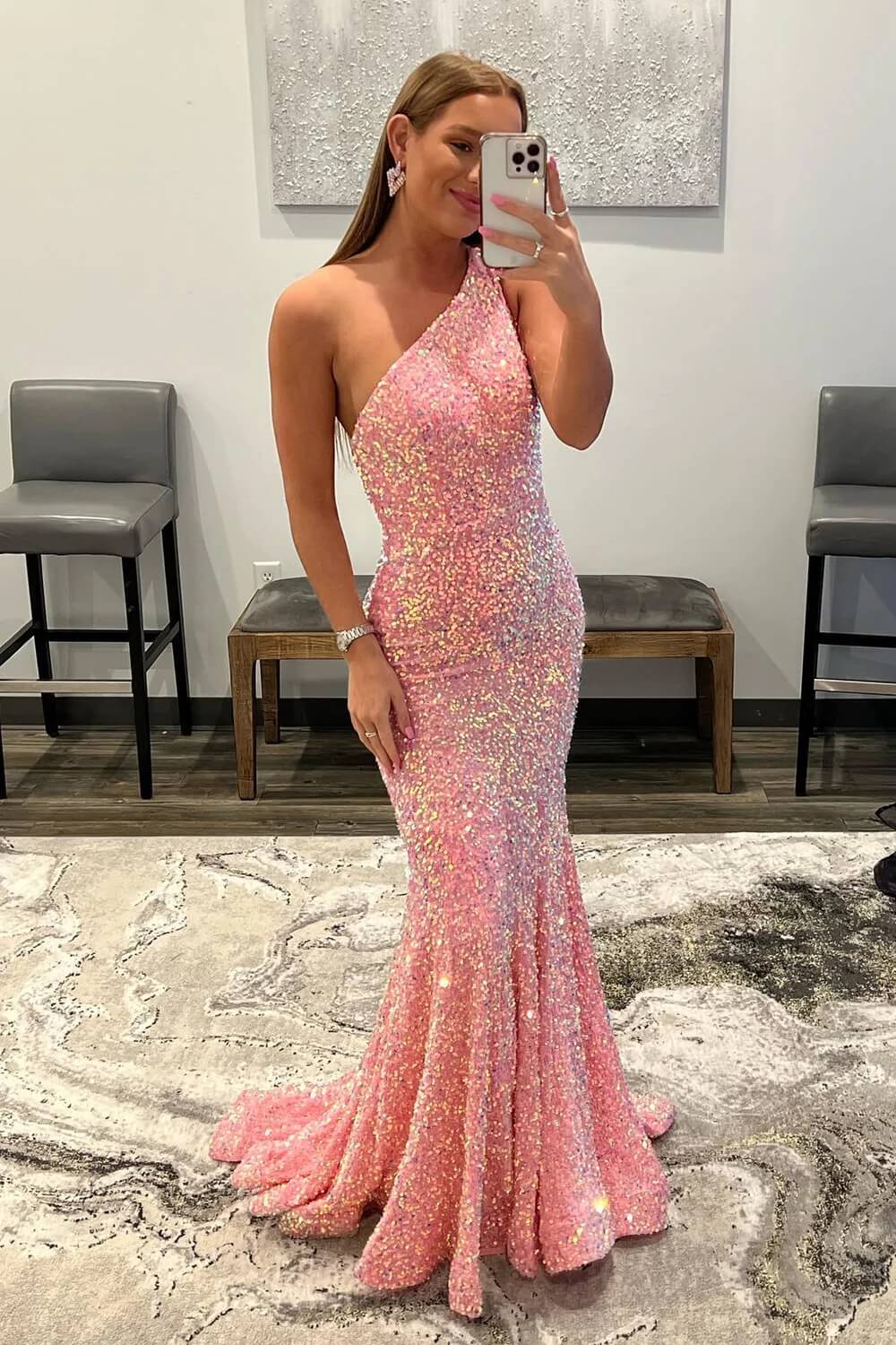 Mermaid One Shoulder Pink Sequins Long Prom Dresses MD091510