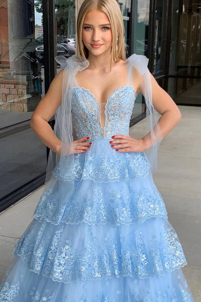 Light Blue Sweetheart Bow Tie Straps Tiered Tulle Prom Dress with Appliques MD122805