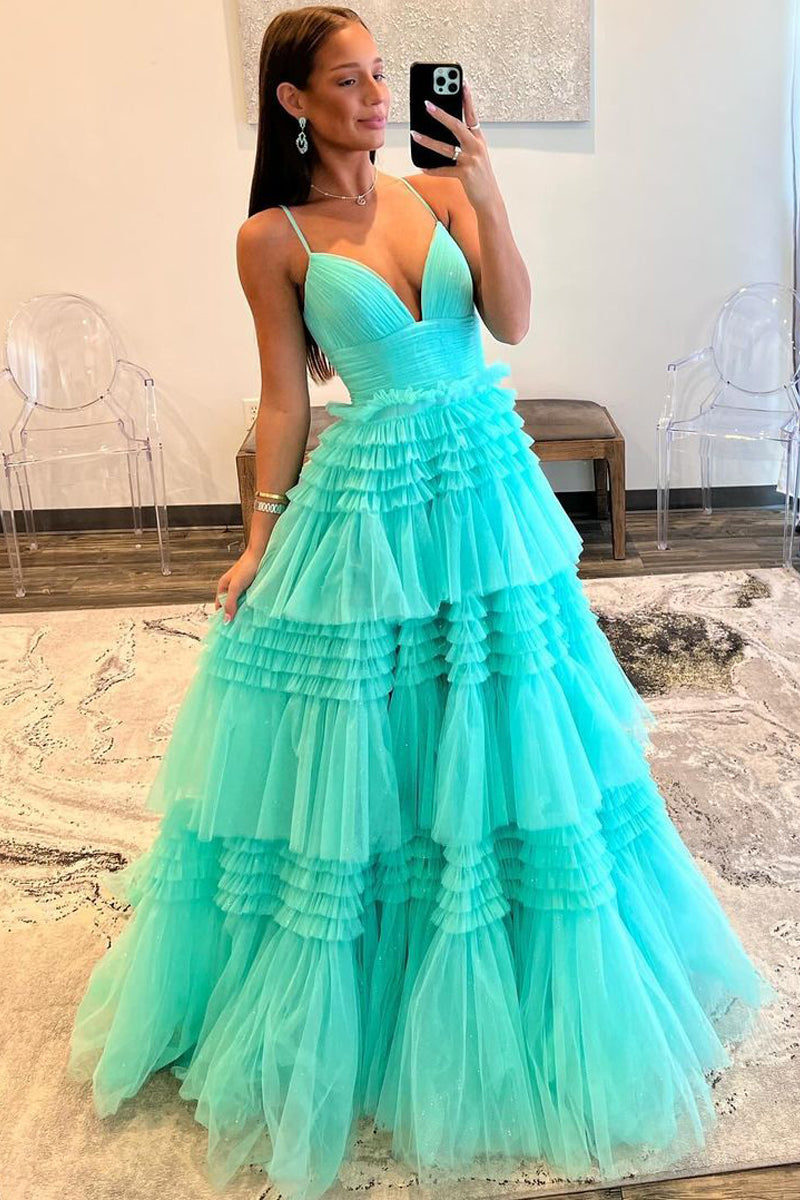 Green Layers Spaghetti Straps A-line Long Prom Dress MD121401