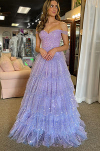 Lavender Off the Shoulder Ruffle Tiered Tulle Long Prom Dress MD4021102