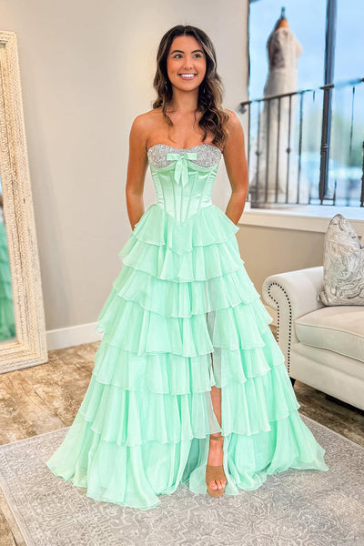 A Line Strapless Mint Chiffon Tiered Prom Dress with Beading DM52102905