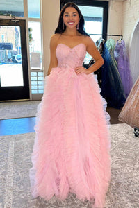 Princess Sweetheart Pink Ruffle Tulle Long Prom Dress MD110308
